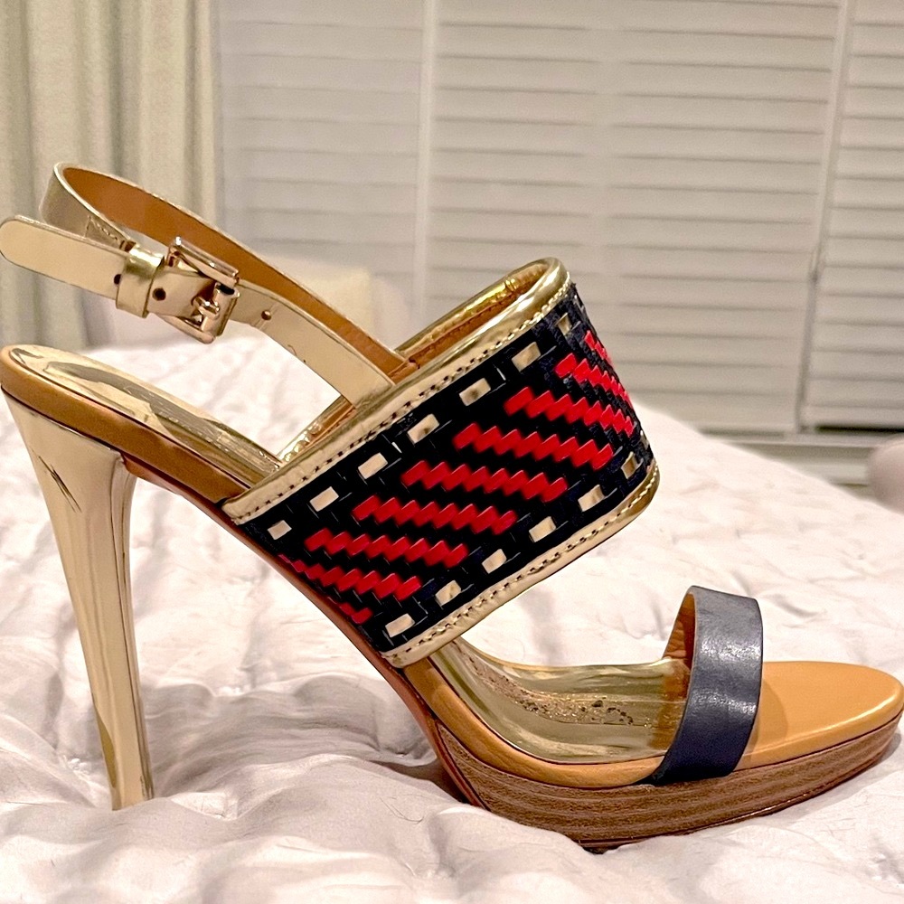 Gold High Heel Sandals with Red & Black Woven Strap